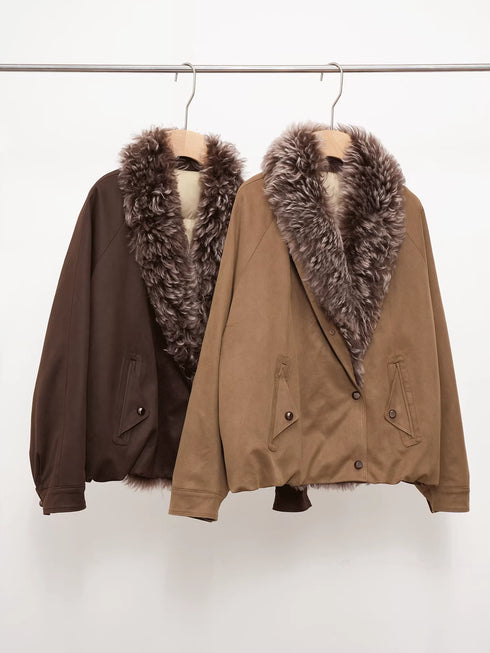 Women’s Short Down Parka with Shearling and Fur Collar | 90% White Goose Down Winter Coat
