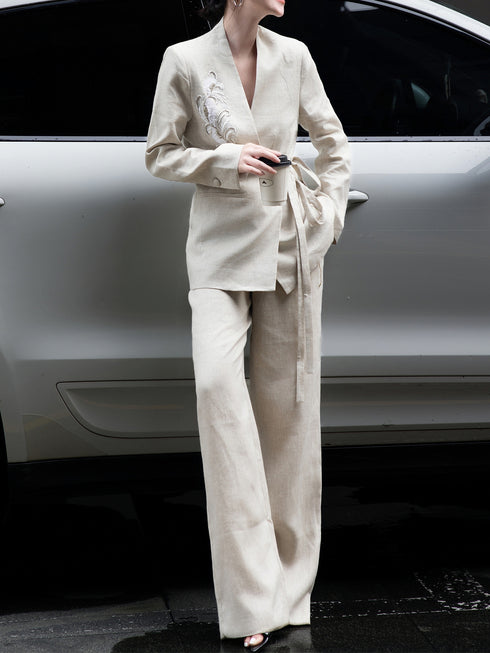 Haute Couture Linen Embroidered Tie-Waist Suit – Women’s Autumn Professional Two-Piece Set