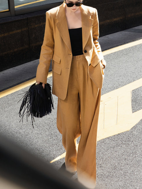 Old Money Style Fashion Set – Autumn 100% Linen Loose Blazer & Wide-Leg Pants for Work