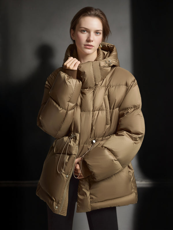 White Duck Down Hooded Puffer Coat – Drawstring Waist, Warm Thickened Loose Fit Winter Jacket for Women