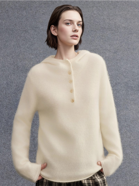 Cashmere Wool Brushed Hoodie Sweater | Henley-Neck Relaxed Fit Soft Cloud-Knit Pullover