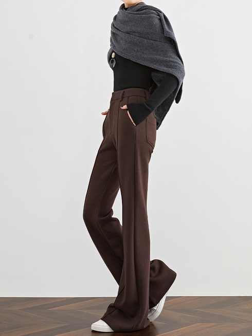 【Supermodel Leg Shape】Women's Coffee Brown Wool Flared Trousers – High-Waist Thick Autumn/Winter Slim Fit Pants