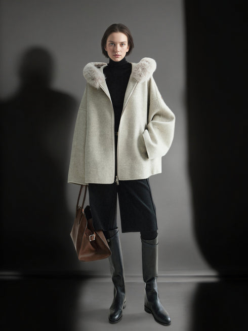 Wool Camel Hair Silk Detachable Fur Hood Cape - Women's Double-Faced Wool Coat