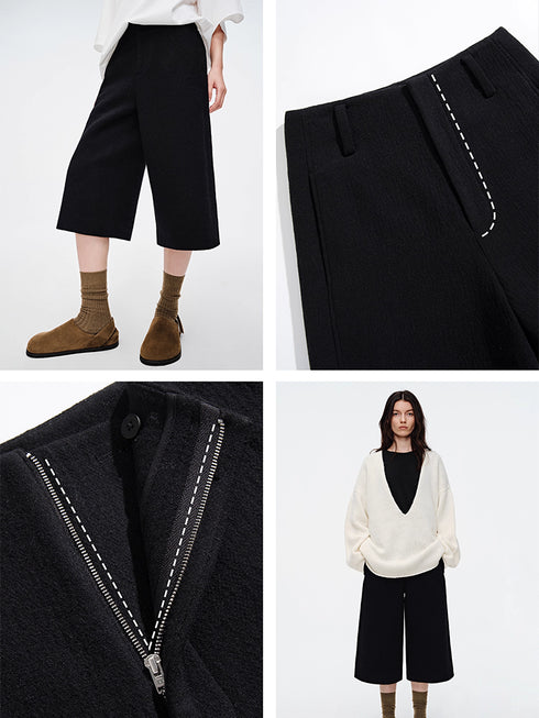 Vintage Wool-Blend Textured Air-Layer Cropped Straight-Leg Pants for Women – Double-Faced Fabric 7/8 Trousers