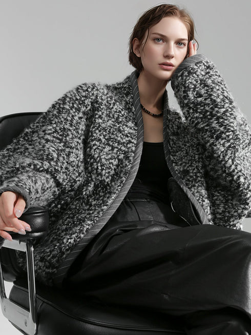 Old Money Style Batwing Sleeve Cardigan Coat for Women – Double-Faced Alpaca Wool Cape with Leather Trim and Speckled Dot Detail