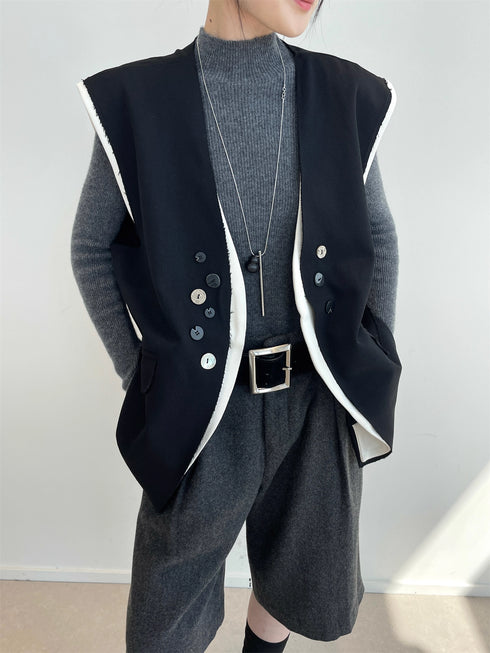 Two-Piece Style Blazer Vest for Women | Contrast Stitching Multi-Button Sleeveless Waistcoat