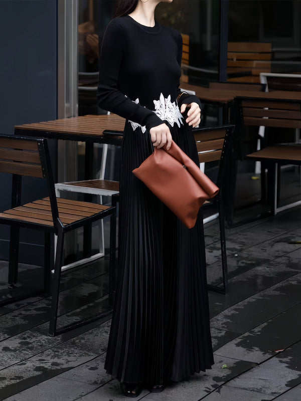Elegant Designer Pleated Dress – Knit Patchwork Embroidery Slim Fit Luxury Midi Dress for Women
