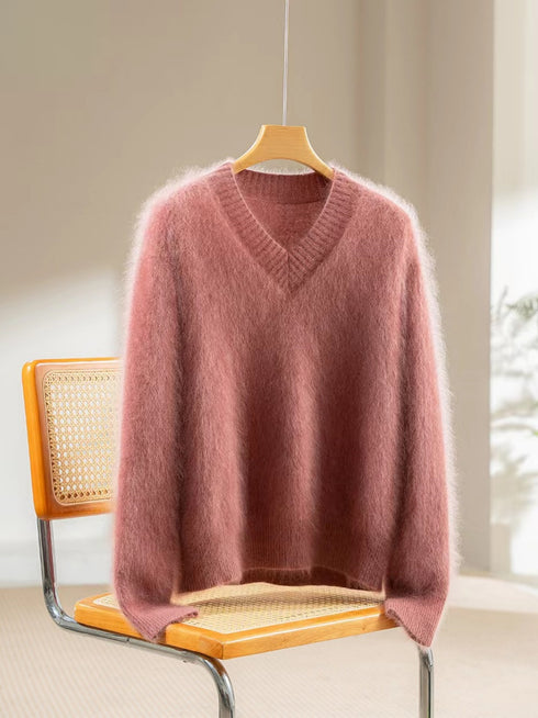 100% Rare Haan Mountain Cashmere Brushed Knit | Cloud-Soft Oversized V-Neck Sweater for Women