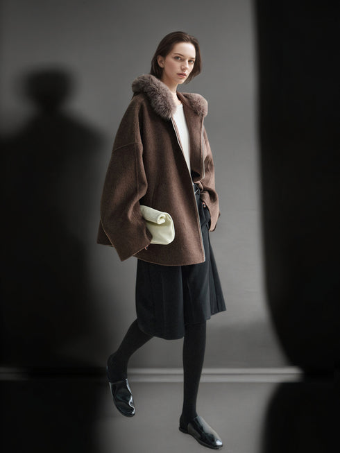 Wool Camel Hair Silk Detachable Fur Hood Cape - Women's Double-Faced Wool Coat