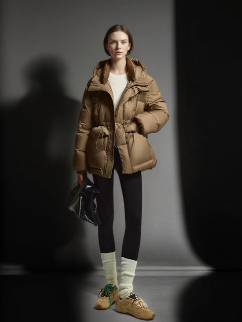 White Duck Down Hooded Puffer Coat – Drawstring Waist, Warm Thickened Loose Fit Winter Jacket for Women