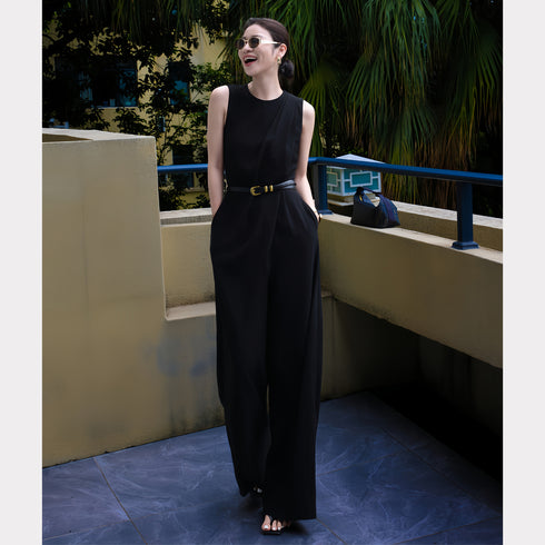 Women’s Black Sleeveless Jumpsuit – Elegant Wide-Leg One-Piece, Minimalist Commuter Style