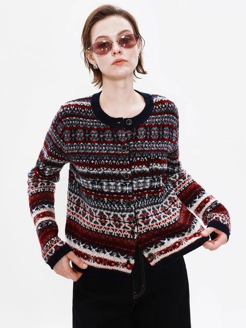 Bohemian Artist Vintage Literary 100% Wool Fair Isle Heavy Jacquard Knit Cardigan for Women
