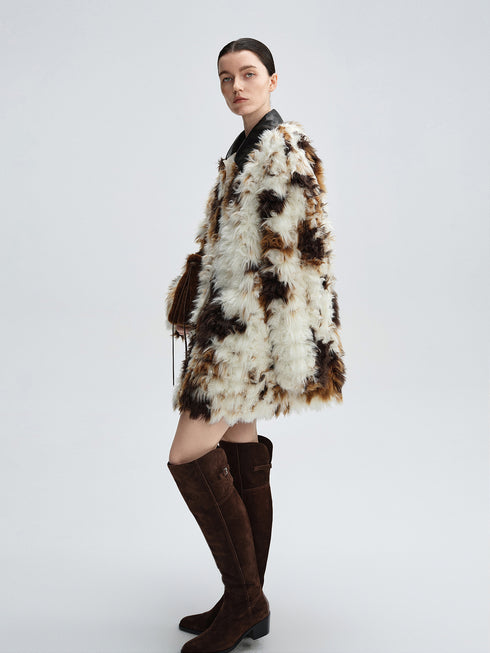 Cow-Pattern Faux Fur Coat for Women – Winter Colorblock Eco-Friendly Fur Jacket with Contrast Collar