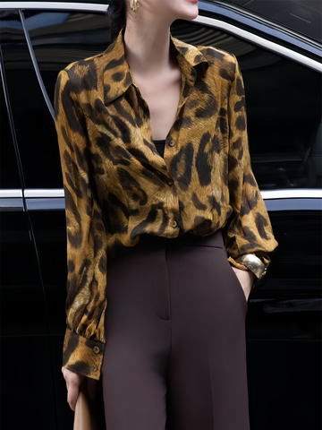 French Vintage Leopard Print Polo Shirt for Women – Elegant Loose-Fit Long Sleeve Top, Versatile & Timeless Style