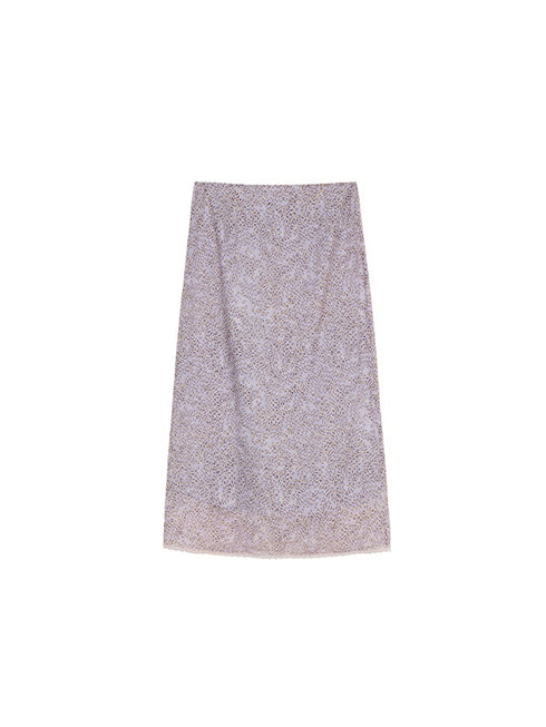 100% Silk Midi Skirt – Light Grey Purple Leopard Floral Print with Lace Hem, Straight Fit
