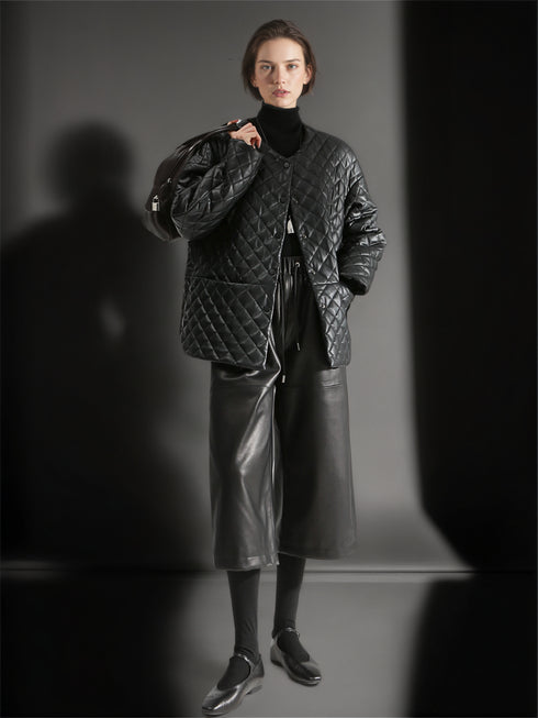 Women’s Genuine Sheepskin Culottes | Cropped Wide-Leg Leather Pants with Elastic Waist, Casual Office Style