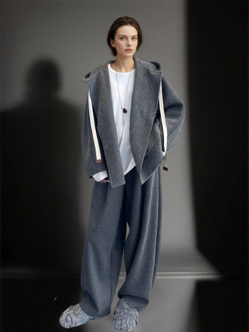 Women’s 100% Wool Hooded Coat | Loose Fit Double-Faced Woolen Cocoon Overcoat