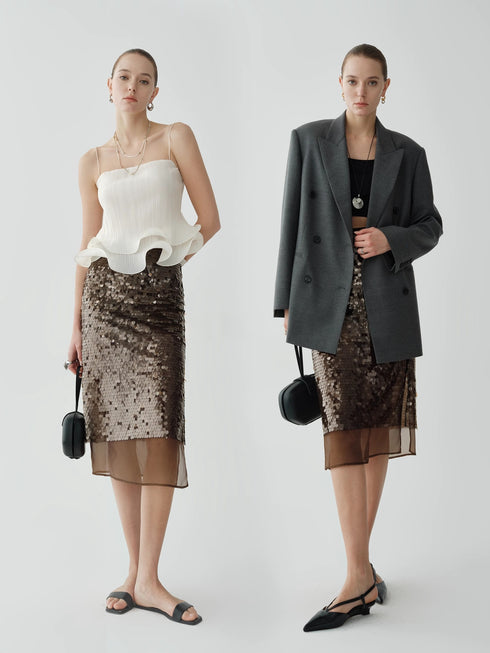 Luxury Silk Organza Skirt with 3D Sequin Embellishment | Fashion Split Hem Midi Skirt