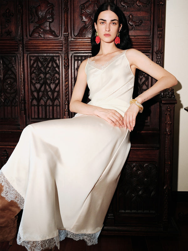 Smooth Satin Weave French Lace Trim Asymmetric Cut Cami Top / Skirt Set