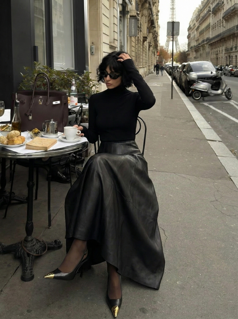 Luxury Black Genuine Sheepskin Midi Skirt – High Waist A-Line Leather Flared Skirt for Women