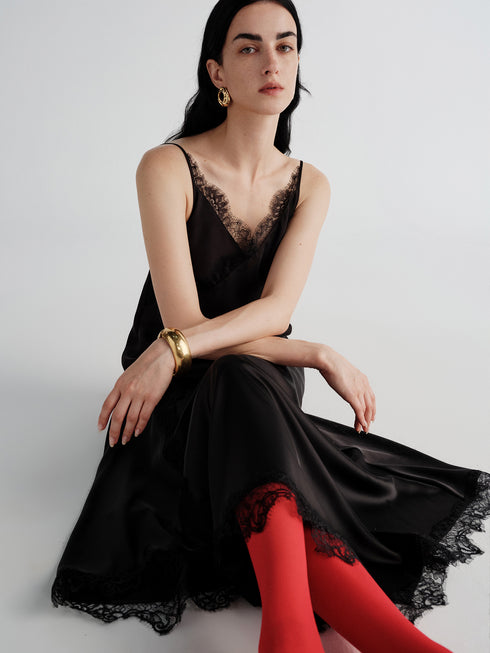 Smooth Satin Weave French Lace Trim Asymmetric Cut Cami Top / Skirt Set