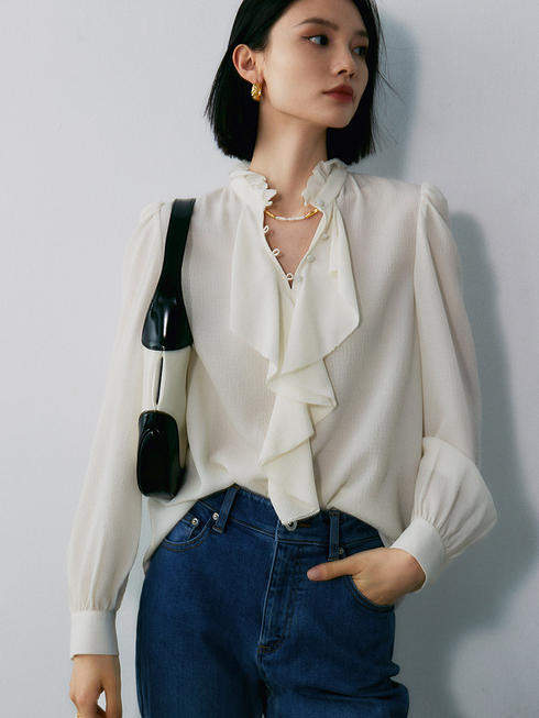 Women's Limited-Edition Heavyweight Crinkled Waffle Silk Ruffle Blouse – Elegant Fall Statement Shirt