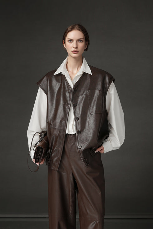 Women’s Sheepskin Leather Vest – Oversized Pocket Design Sleeveless Jacket, Versatile Chic Outerwear