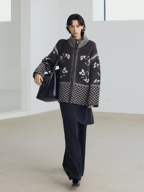 Women’s Wool-Blend Fair Isle Geometric Knit Sweater Jacket – Vintage Stand Collar Fall Winter Cardigan