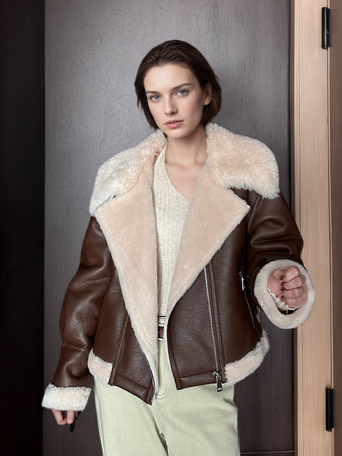 Eco-Friendly Faux Leather & Genuine Wool Shearling Jacket – Plush Flocked Lamb Fur Short Coat for Women