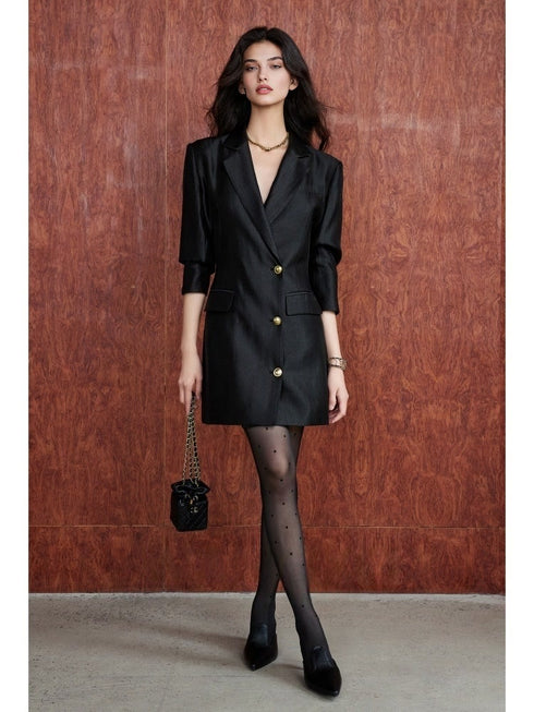Gold-Thread Iridescent Blazer Dress – Notched Lapel, 3/4 Sleeve, Single-Breasted Waist-Cinching Design