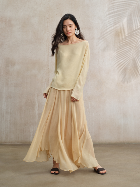 Elegant Luxe Silk Skirt – Flowing Irregular Wave-Hem Midi Skirt for Women