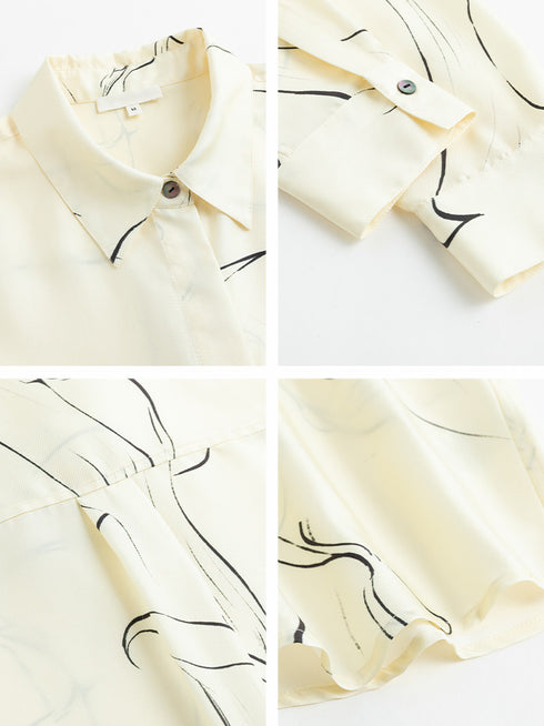 Women's Hand-Drawn Calla Lily Line Print Relaxed-Fit Silk Long-Sleeve Shirt – Mulberry Silk Office Blouse