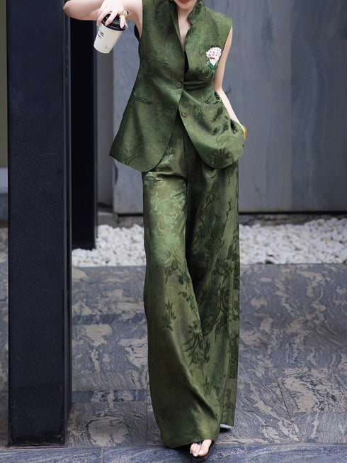 Acetate Jacquard Vest + Wide-Leg Pants Set