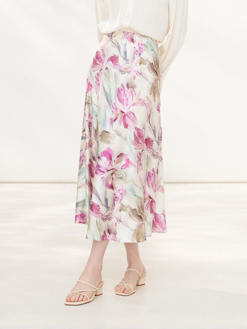 French-Inspired Mulberry Silk A-Line Skirt – Mid-Length Printed Knee-Length Design