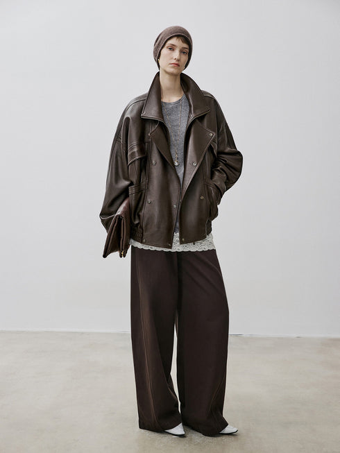 2025 Fall/Winter Women’s Vintage Sheepskin Leather Jacket – Double-Layer Lapel & Structured Panel Design