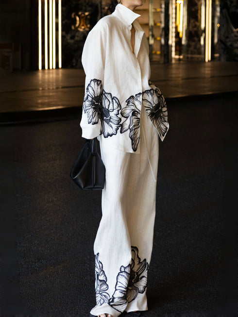 Linen Two-Piece Set – Watercolor Lotus Embroidered Shirt & Wide-Leg Pants