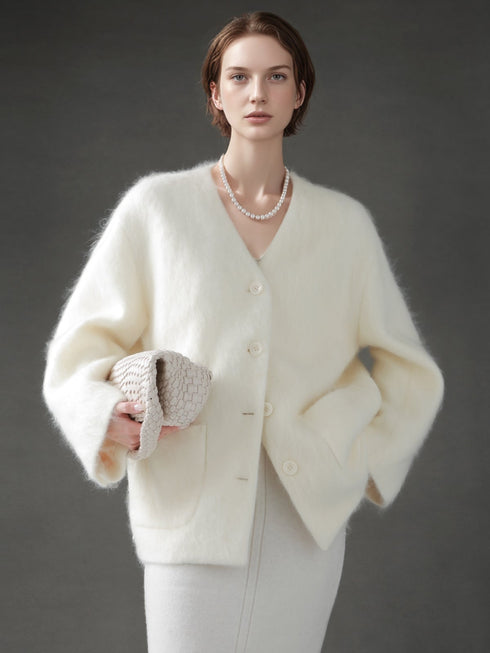 V-Neck Wool Coat for Women – Double-Faced Cashmere Blend Brushed Short Jacket, Elegant Autumn Winter Outerwear
