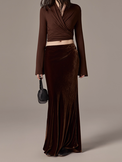 100% Silk Velvet Midi Skirt – French Vintage Slimming Mermaid Skirt with Side Slit