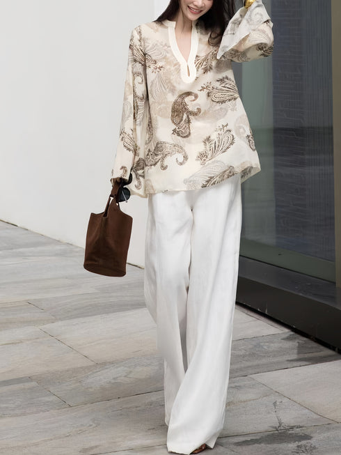 Old Money Style 100% Linen Printed V-Neck Top & Casual Pants Set – Autumn New