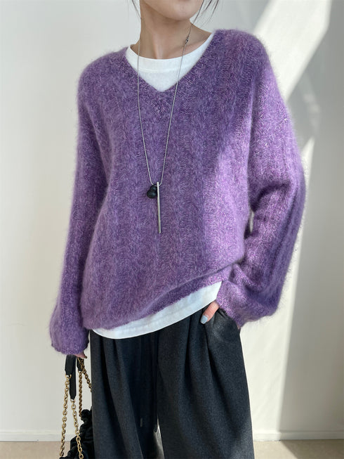 Women’s Wool Cashmere V-Neck Ribbed Knit Sweater | Soft Brushed Pullover with Relaxed Fit