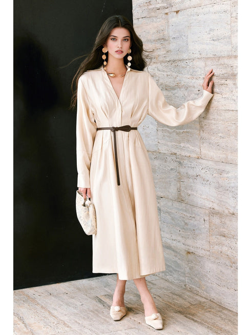 Lustrous Silk Brocade Shirt Dress – Structured Waistband, Full Skirt, Available in Long & Short Styles