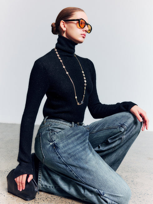 100% Cashmere Sequined Turtleneck Knit Top – Soft, Skin-Friendly Luxury Winter Sweater
