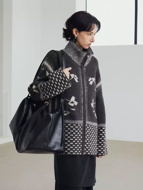 Women’s Wool-Blend Fair Isle Geometric Knit Sweater Jacket – Vintage Stand Collar Fall Winter Cardigan