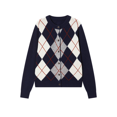 Australian Merino Wool Plaid Cardigan | Vintage Drop-Shoulder Intellectual-Style Knitwear for Women
