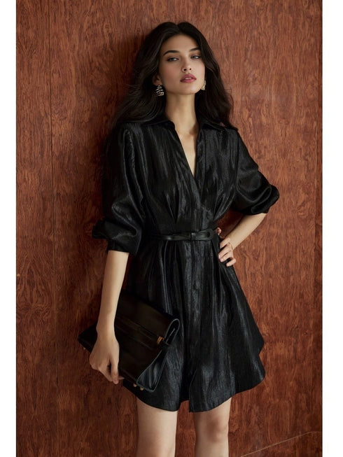 Lustrous Silk Brocade Shirt Dress – Structured Waistband, Full Skirt, Available in Long & Short Styles