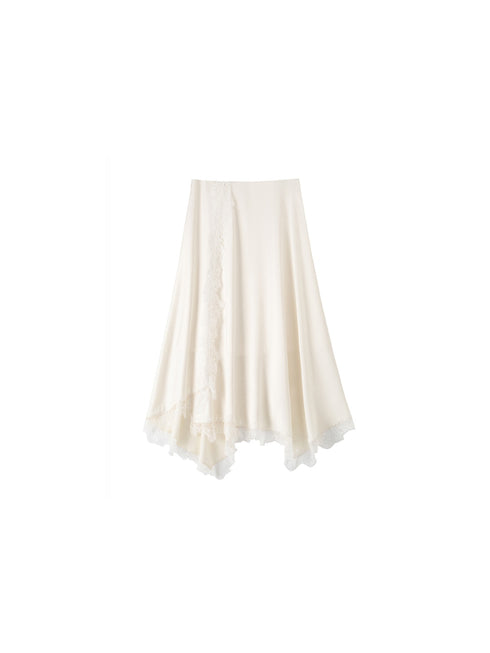 Smooth Satin Weave French Lace Trim Asymmetric Cut Cami Top / Skirt Set