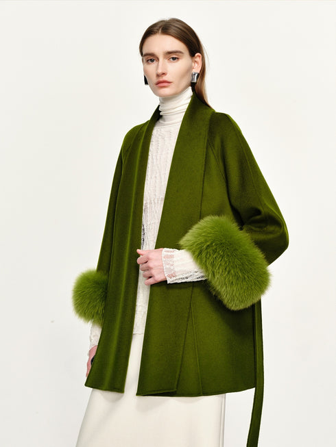 20% Cashmere Double-Faced Wool Coat for Women – Short Vintage Green Overcoat with Fox Fur Cuffs