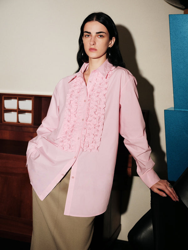 Modern Victorian Pima Cotton Shirt – Romantic Ruffle Trim Elegant Commuter Blouse