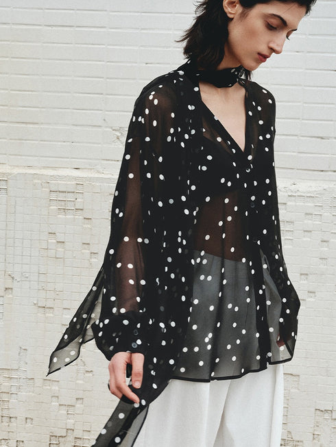 12MM Pure Mulberry Silk Polka Dot Chiffon Blouse | Irregular Hem Ribbon-Tie Women's Shirt