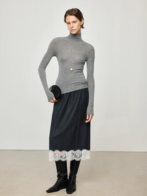 Italian VBC Wool Flannel Skirt for Women | French Lace, Elastic Waist, Straight Midi Skirt